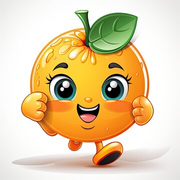 A cheerful red cartoon orange runs to meet the viewer on a white background. Created by AI.
