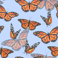 Watercolor seamless pattern with orange monarch butterflies on purple background.