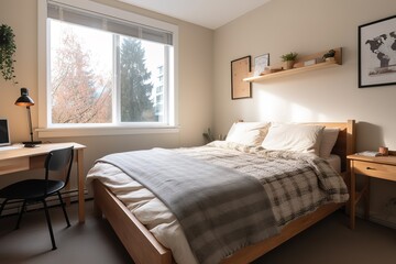 A guest bedroom with a queen sized bed and nightstand at a short term rental small cottage style house. Generative AI