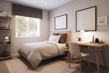 A guest bedroom with a queen sized bed and nightstand at a short term rental small cottage style house. Generative AI