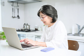 パソコンを見ながタイピングする日本人高齢者