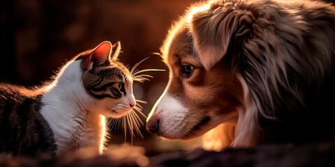 endearing image of a cat and a dog peacefully coexisting and showing mutual respect, promoting harmony on International Cat Day. Generative AI - Powered by Adobe