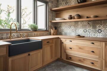 Amazing Luxury Kitchen Interior in white with wooden floor and kitchen island. Generative AI