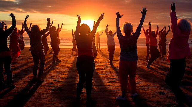 older generation engaging in physical activity, such as yoga or group fitness classes.