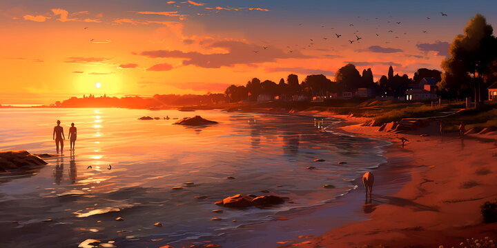 evening beach with a sunset, a lagoon and people enjoying a walk by the sea.