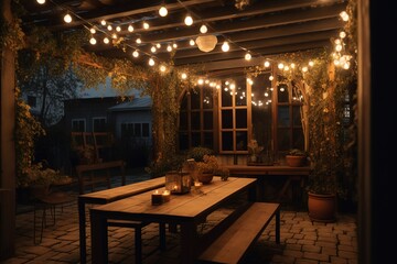 Cozy Outdoor Alfresco Dining Setting with Modern Patio and Fairy Lights. Generative AI