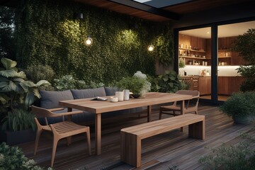 Fototapeta na wymiar Cozy Outdoor Alfresco Dining Setting with Modern Patio and Fairy Lights. Generative AI