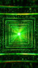 Illustation of circles in a tunnel with particles against a dark background - abstract background.