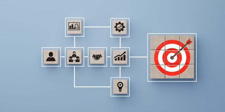 Business goal achievement, workflow and process automation flowchart. Management and organization. Wooden cube block arranging task and project management on blue background