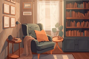 Ancient stately home interior with a beautiful library and club sofas, generative AI