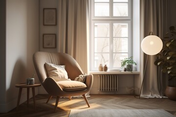 Minimalist reading corner with a cozy armchair and simple lighting, generative ai