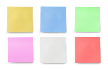 Six Blank Sticker notes isolated on white background. Mockup sticky Note Paper. Use post it notes to share idea on sticky note. sheets for notes.