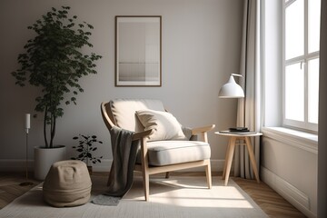 Fototapeta na wymiar Minimalist reading corner with a cozy armchair and simple lighting, generative ai