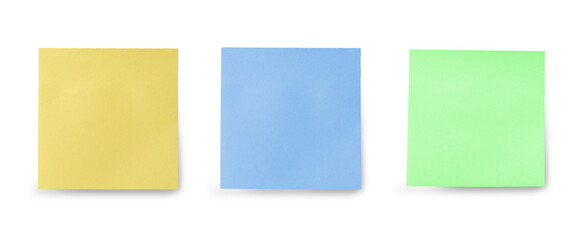 three blank sticky notes isolated on white background. Mockup sticky Note Paper. Use post it notes...