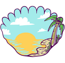 Fototapeta na wymiar tropical island with palm trees beach summer illustration vintage vector