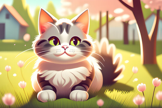 a cute-faced picture of a cat sitting on the lawn on a sunny spring day Generative AI