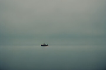 Naklejka premium lonely boat in the fog. Generative AI