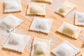 Preparing ravioli with ricotta cheese and spinach. Fresh homemade pasta. Traditional Italian food.