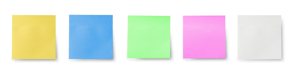 five blank sticky notes isolated on white background. Mockup sticky Note Paper. Use post it notes...