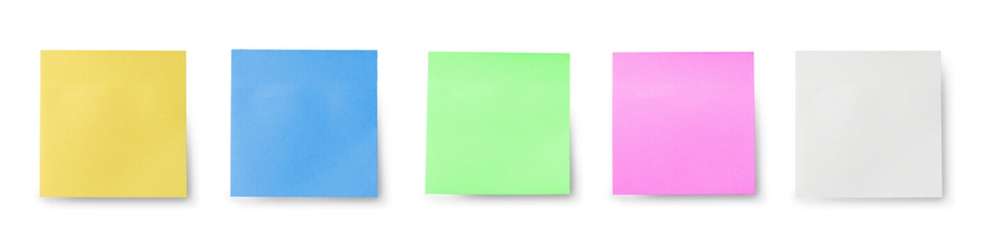 five blank sticky notes isolated on white background. Mockup sticky Note Paper. Use post it notes to share idea on sticky note. sheets for notes. wide banner
