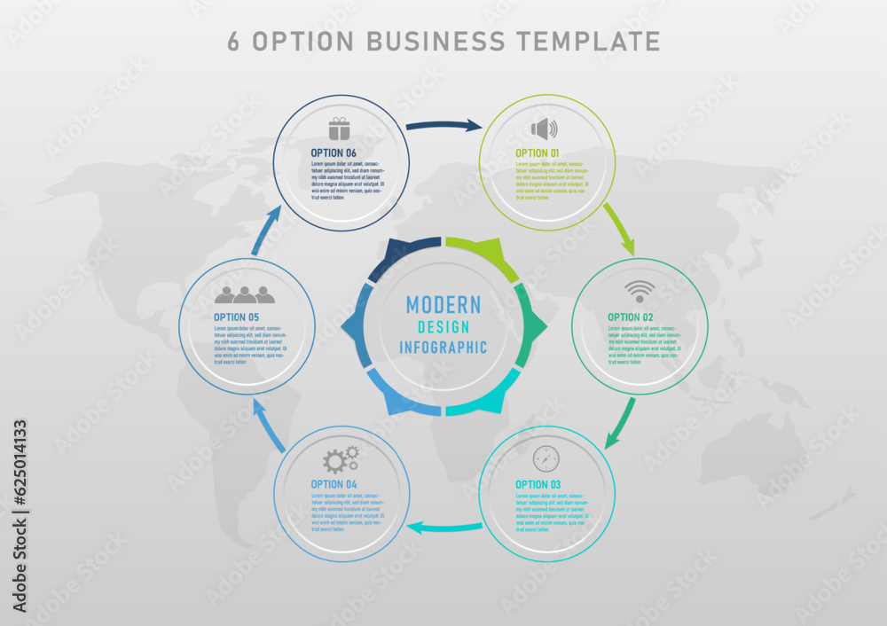 Wall mural infographic template 6 options circle with multi colored borders outside colored letters and icons i