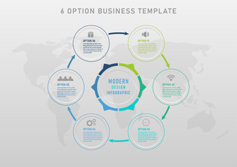 infographic template 6 options circle with multi colored borders outside Colored letters and icons in the middle of the directional arrows. circle inside the letters in the center of the map below.