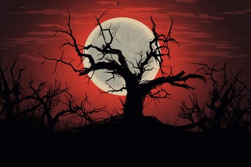 Silhouette dead tree at night for Halloween background. Generative AI