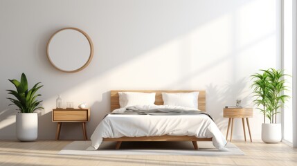 Fototapeta na wymiar Early in the morning in a modern and bright white bedroom with wooden furniture, cushions, blankets, food tray on the bed. bedside table and round mirror hanging on the wall