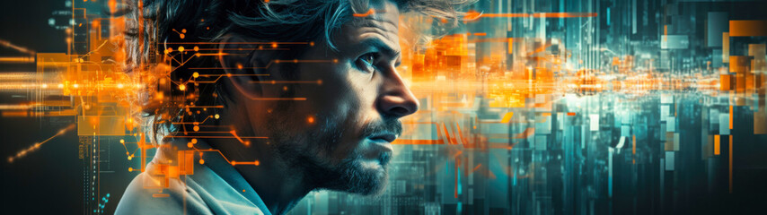 Fototapeta premium Data Scientist. Futuristic Close-up portrait of a man surrounded by colorful lights. Generative AI