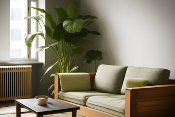 Patterned cushions on sofa beside wooden table and plant in dark apartment interior. Modern living room.