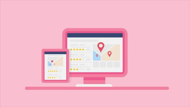 SEO marketing - local business listing with map pin, information, customer review with star rating on search page browser, displaying on electronic devices with pink background, video animation.