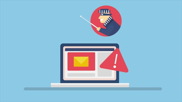 Email phishing scam, hacker stealing personal and financial data using fishing hook from laptop screen, cyber fraud alert notification on screen, video animation.