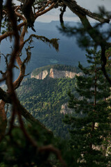 Big Thach mountain range. Summer landscape Mountain with rocky peak. Russia, Republic of Adygea, Big Thach Nature Park, Caucasus