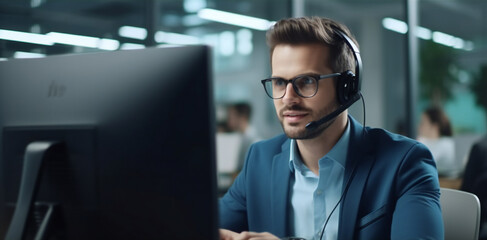 Serious young Caucasian man with headset, successful call centre worker
