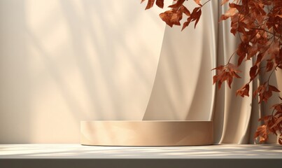 Modern and luxury empty beige round podium with red curtain and dry leaves in beige room with shadow light background. Elegant scene for product photography