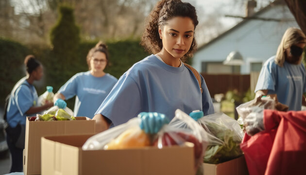 Portrait of a Black Latina female volunteer preparing packages for people in need