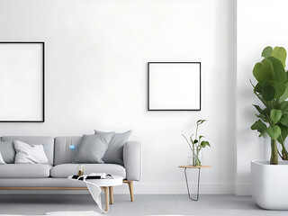 Blank Wooden Picture Frame Mockup On Wall In Modern Interior. Horizontal Artwork Template Mock-Up For Artwork, Painting, Photo Or Poster In Interior Design