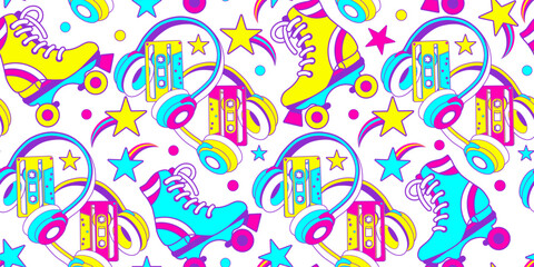 Groovy music and sport aesthetic Seamless wallpaper with retro roller skates and audio cassette. Crazy fun fluorescent tile background for funky textile, wrapping paper. 60s - 90s, teen style vibe