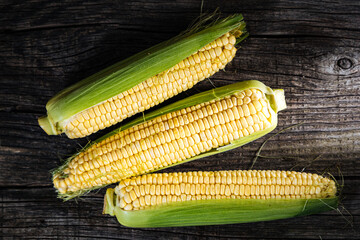 Fresh, raw corn placed on a wooden board in dark rustic atmosphere