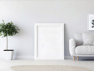 Blank Wooden Picture Frame Mockup On Wall In Modern Interior. Horizontal Artwork Template Mock-Up For Artwork, Painting, Photo Or Poster In Interior Design
