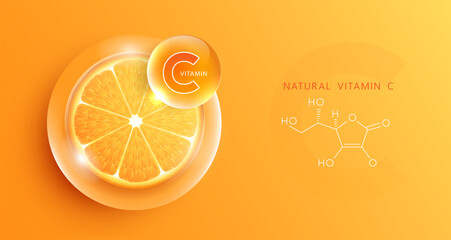 Drop water vitamin c orange and structure. vitamin solution complex with chemical formula from nature. beauty treatment nutrition skin care design. medical and scientific concepts for cosmetic.