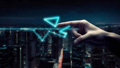 Hand pointing data wave with futuristic city background