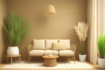 Living room interior wall mockup in warm tones with beige linen sofa, dry Pampas grass, wicker table and boho style decor on blank wall background. 3D rendering, illustration.
