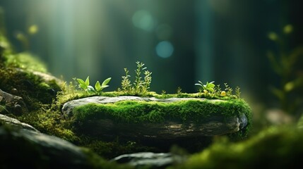 Fototapeta premium Stone covered with green moss on blurred forest background. Close up. Nature background with copy space for your design.