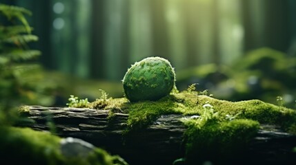 Stone covered with green moss on blurred forest background. Close up. Nature background with copy space for your design.