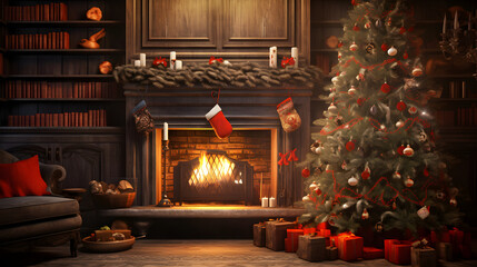 Festive Christmas Tree and Fireplace Scene - AI-Generated