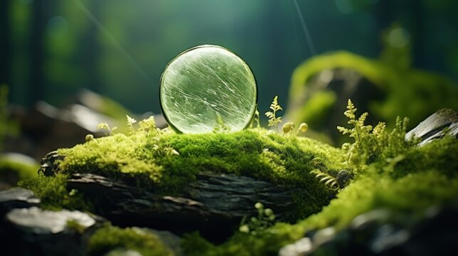 Stone covered with green moss on blurred forest background. Close up. Nature background with copy space for your design.