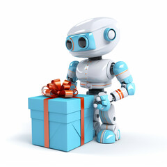 The robot bot gives a gift on a white background. Illustration, AI generation.