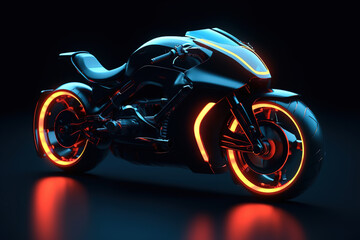 Motorcycle of future, side view of a glowing orange neon futuristic electric bike