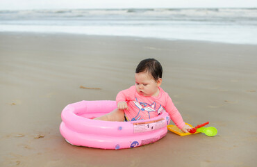 Praia, bebê, rosa, piscina, areia, chapéu, criança, garota, criancinha